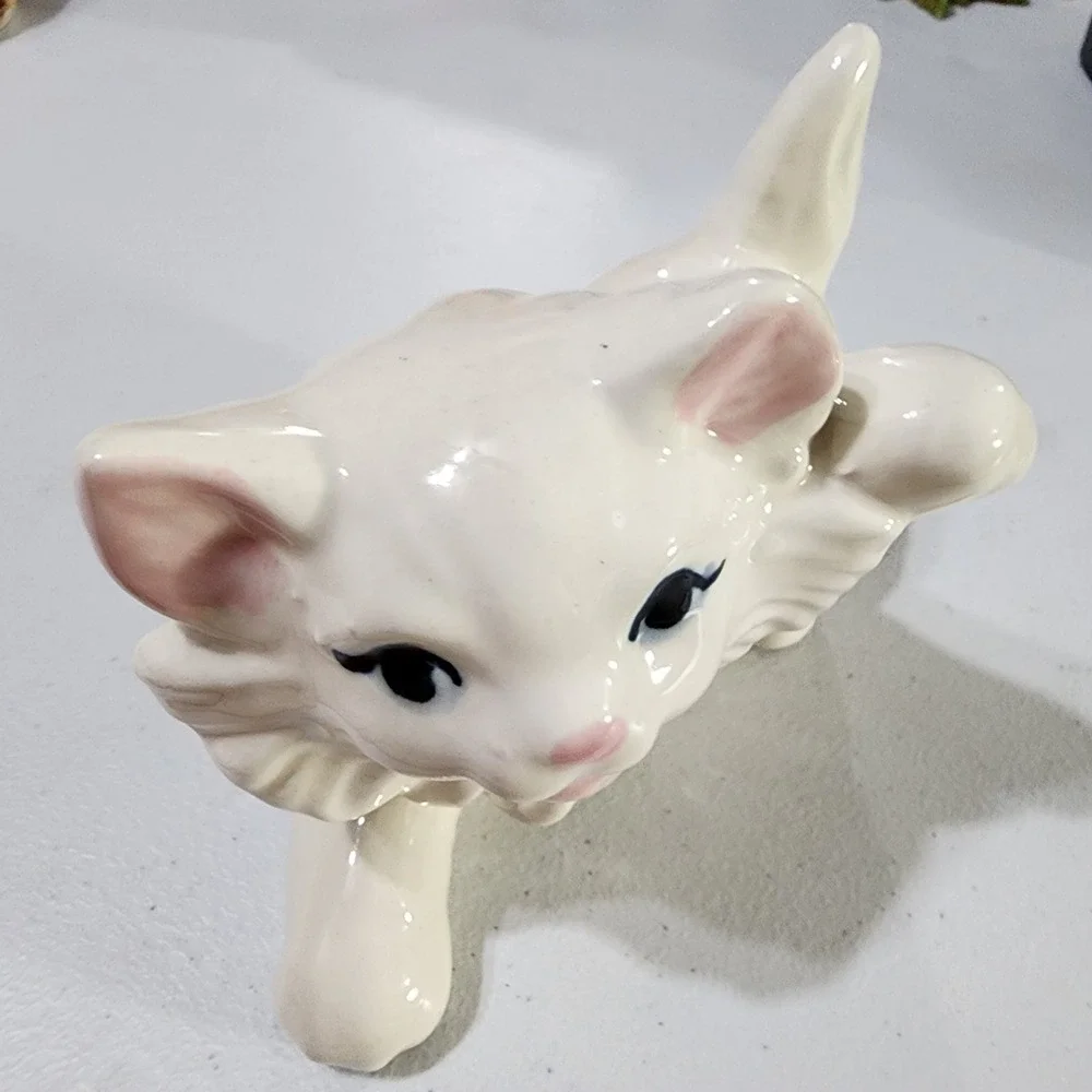 Vintage White Ceramic Kitten Figurine Playful Pouncing Cat Blue Eyes